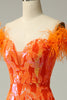 Load image into Gallery viewer, Orange Sequins Off the Shoulder Mermaid Prom Dress with Feathers