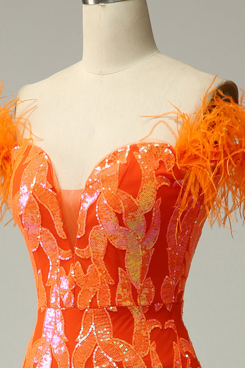 Load image into Gallery viewer, Orange Sequins Off the Shoulder Mermaid Prom Dress with Feathers