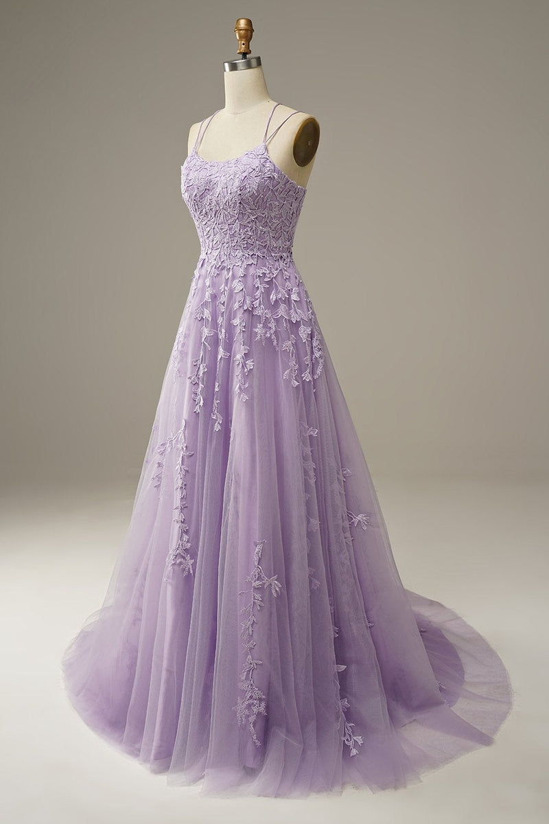 Load image into Gallery viewer, A-Line Spaghetti Straps Purple Long Prom Dress