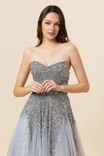 Sparkly Grey Beaded Long Tulle Prom Dress