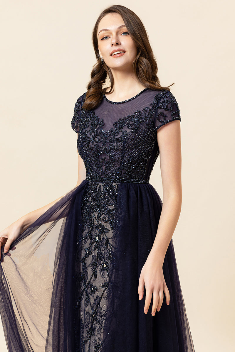 Load image into Gallery viewer, Sparkly Navy Beaded Long Formal Dress