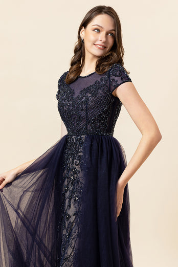 Sparkly Navy Beaded Long Formal Dress