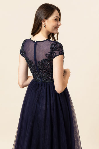 Sparkly Navy Beaded Long Formal Dress