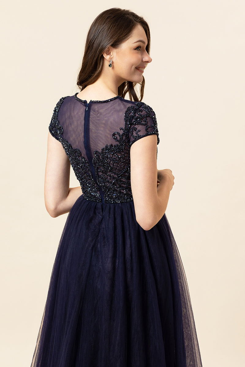 Load image into Gallery viewer, Sparkly Navy Beaded Long Formal Dress