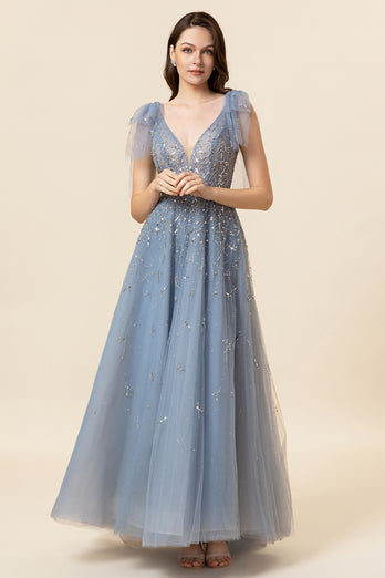 Sparkly Beaded Blue Long Tulle Prom Dress