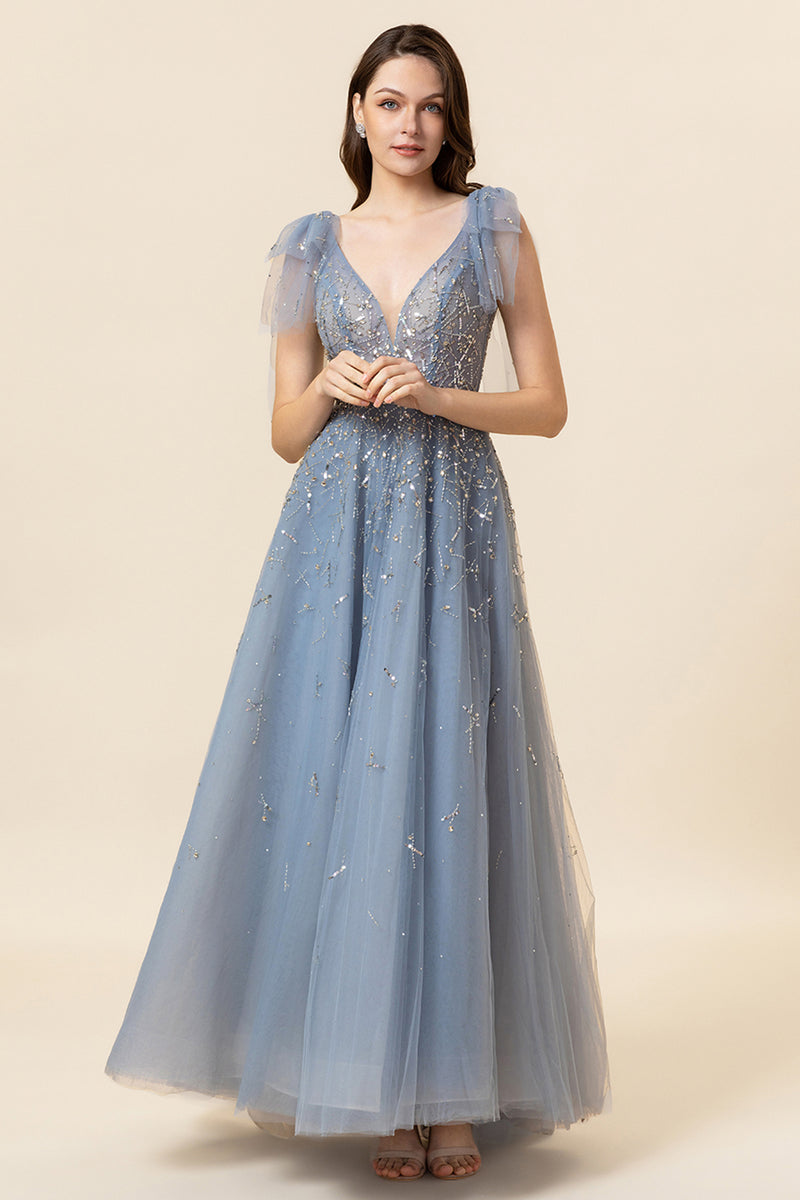 Load image into Gallery viewer, Sparkly Beaded Blue Long Tulle Prom Dress