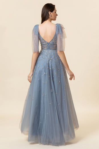 Sparkly Beaded Blue Long Tulle Prom Dress