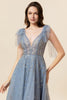 Load image into Gallery viewer, Sparkly Beaded Blue Long Tulle Prom Dress