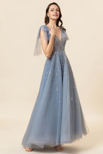 Sparkly Beaded Blue Long Tulle Prom Dress