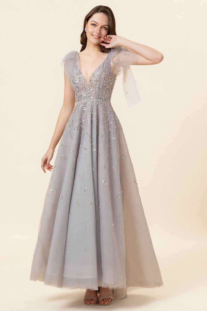 Load image into Gallery viewer, Sparkly Beaded Grey Long Tulle Prom Dress