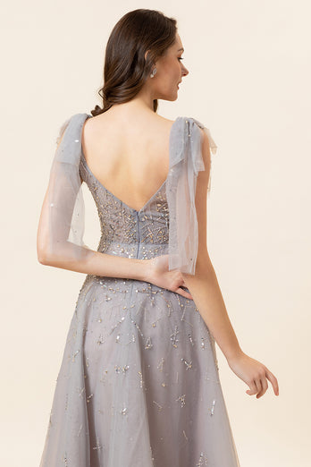 Sparkly Beaded Grey Long Tulle Prom Dress