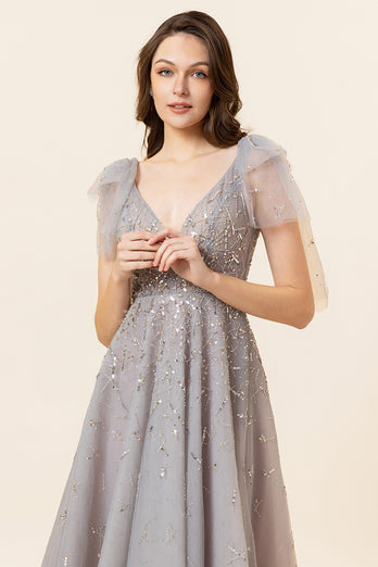 Sparkly Beaded Grey Long Tulle Prom Dress