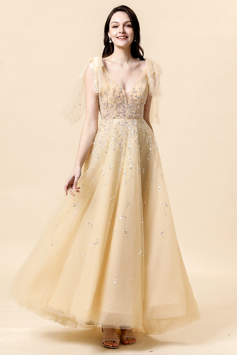 A-Line Yellow Beading Evening Dress