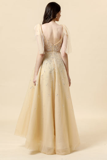 A-Line Yellow Beading Evening Dress