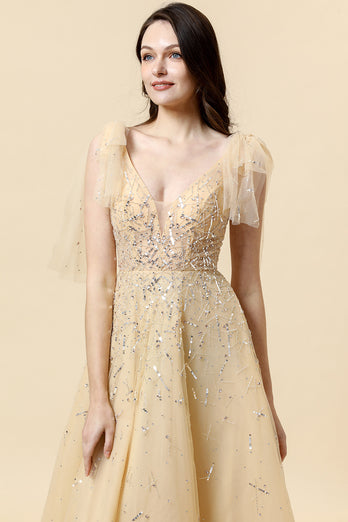 A-Line Yellow Beading Evening Dress