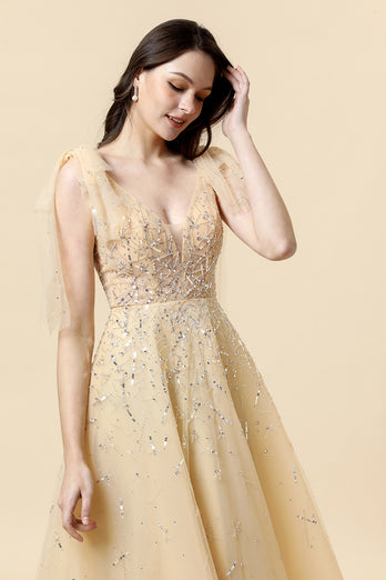 A-Line Yellow Beading Evening Dress