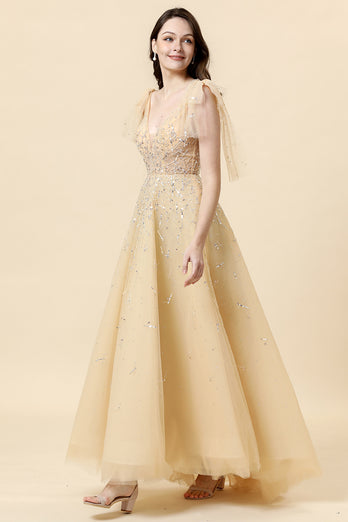 A-Line Yellow Beading Evening Dress