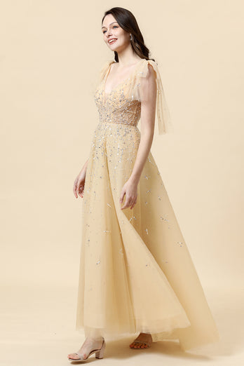 A-Line Yellow Beading Evening Dress