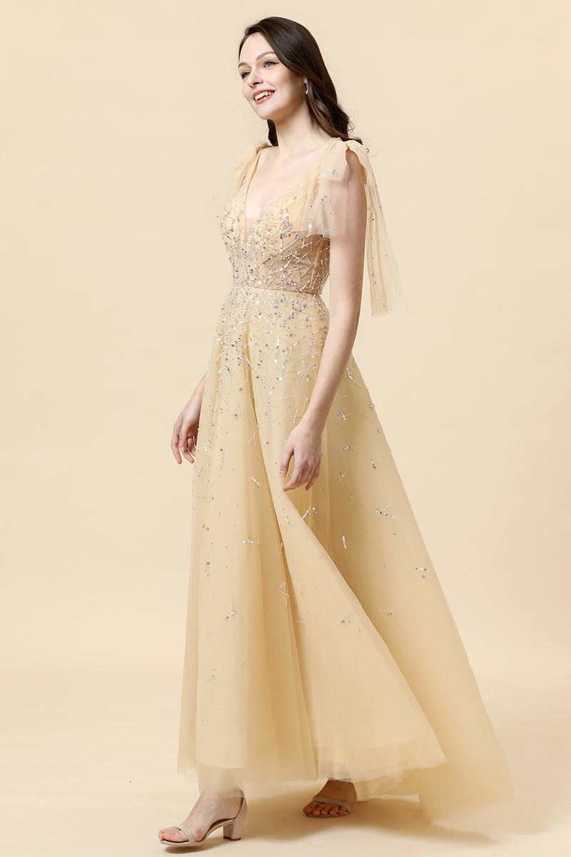 Load image into Gallery viewer, A-Line Yellow Beading Evening Dress