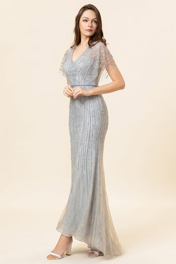 Sparkly Grey Mermaid Beaded Long Evening Dress