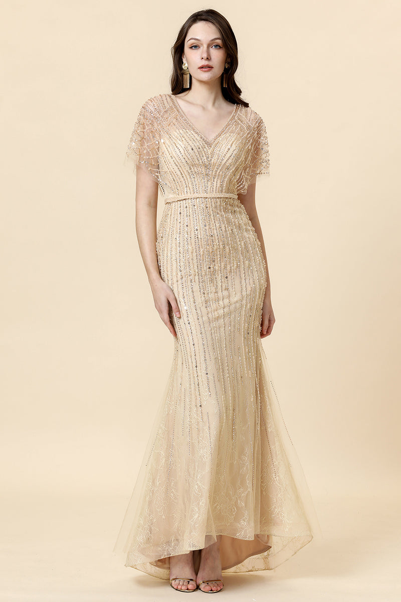 Load image into Gallery viewer, Mermaid Golden V-Neck Long Evening Dress