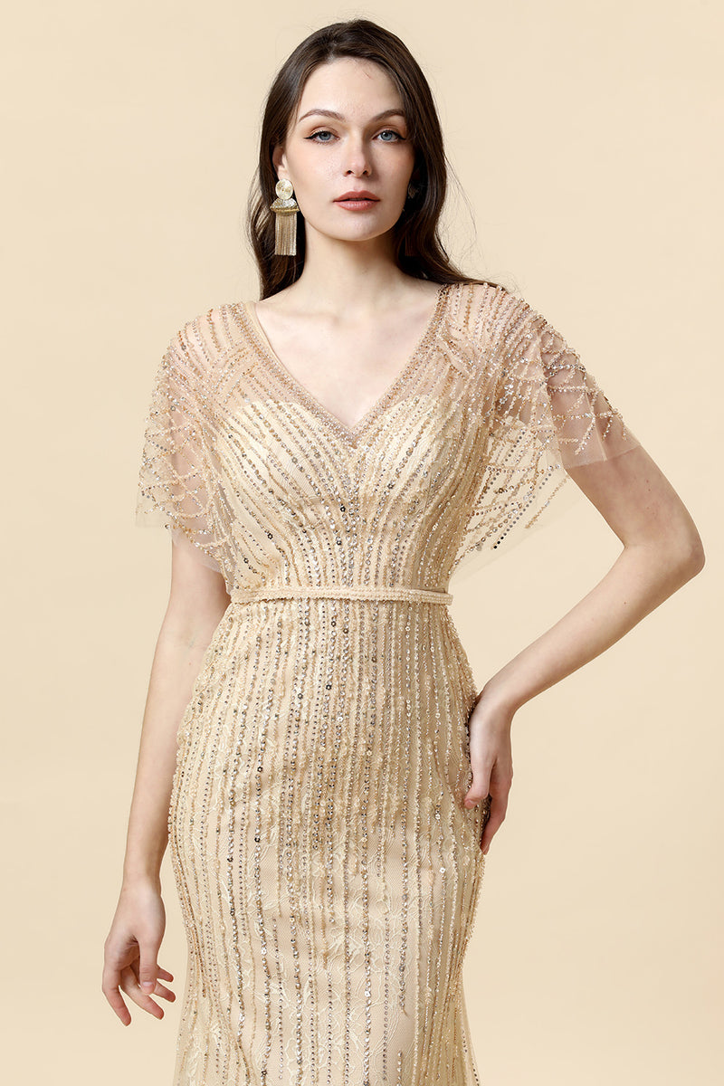 Load image into Gallery viewer, Mermaid Golden V-Neck Long Evening Dress