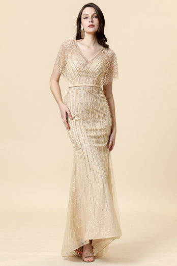 Mermaid Golden V-Neck Long Evening Dress