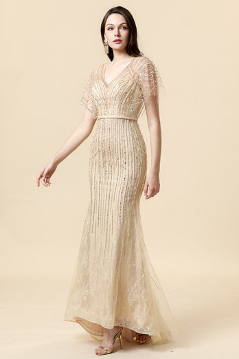 Mermaid Golden V-Neck Long Evening Dress