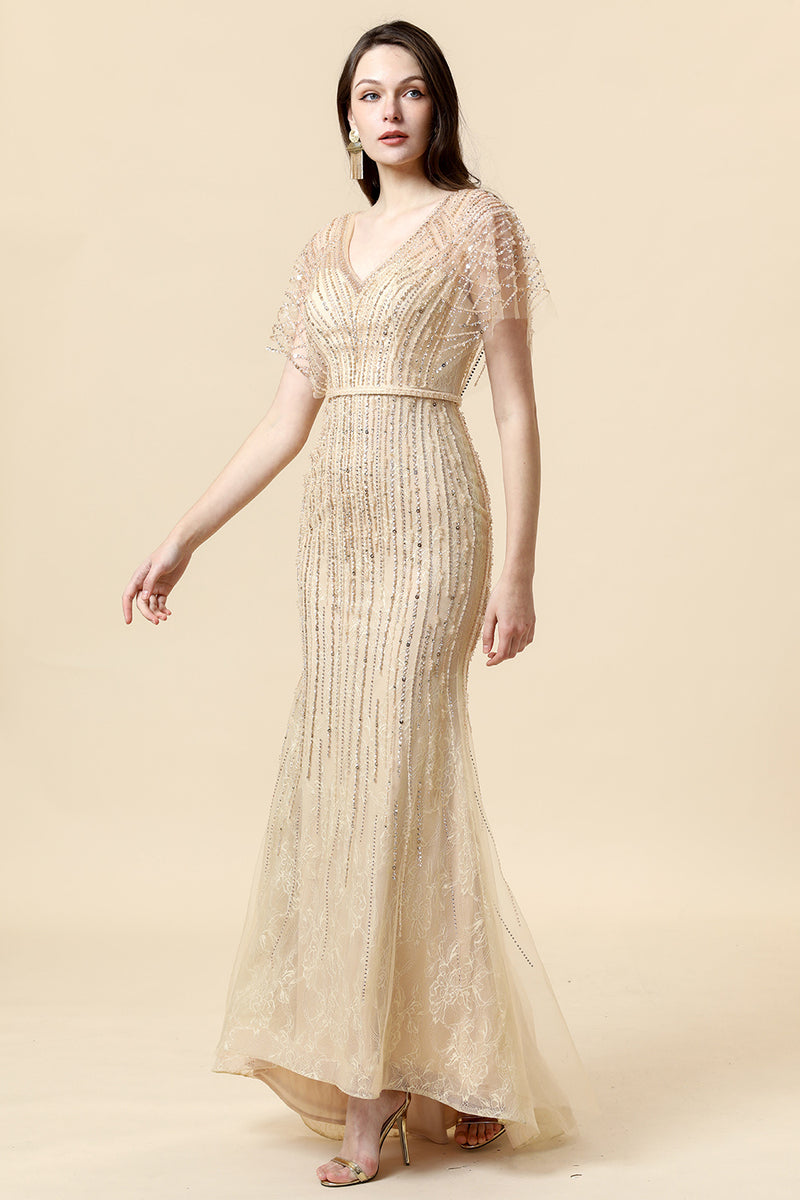 Load image into Gallery viewer, Mermaid Golden V-Neck Long Evening Dress