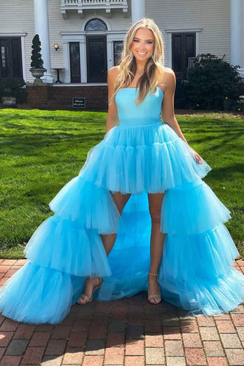 Blue A-Line High Low Strapless Homecoming Dress with Ruffles