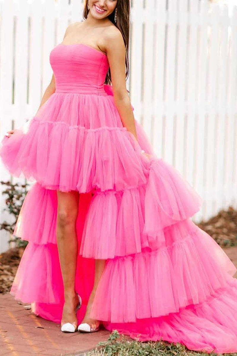 Load image into Gallery viewer, Stylish High Low Strapless Fuchsia Prom Dress with Ruffles