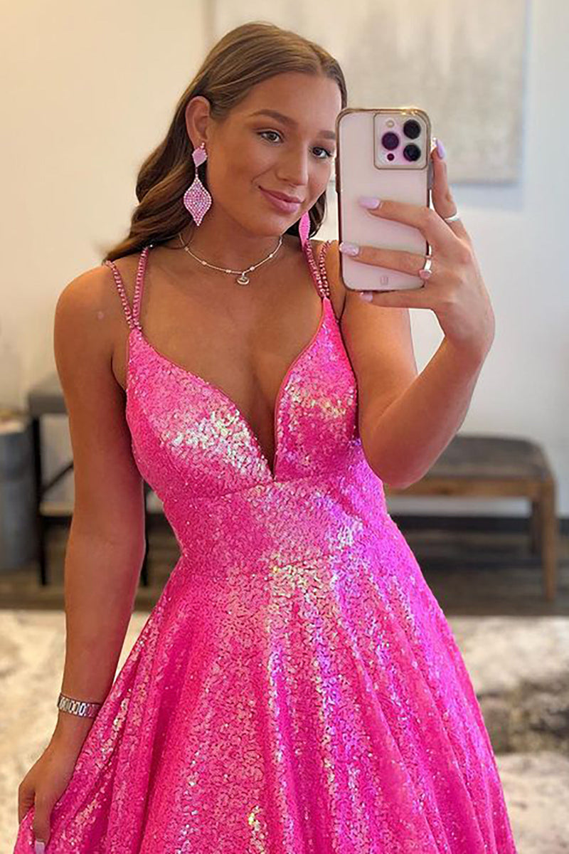 Load image into Gallery viewer, Glitter Fuchsia Sequins Long Prom Dress