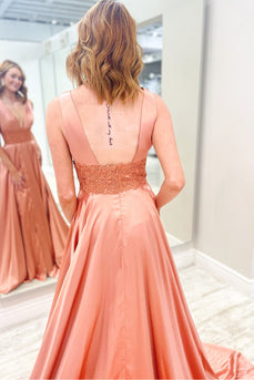 Blush V Neck Backless Long Prom Dress with Lace