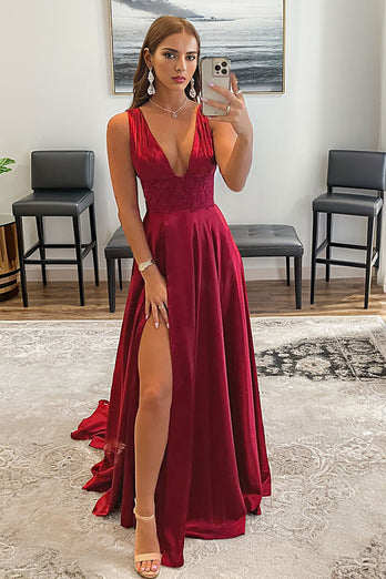 Blush V Neck Backless Long Prom Dress with Lace