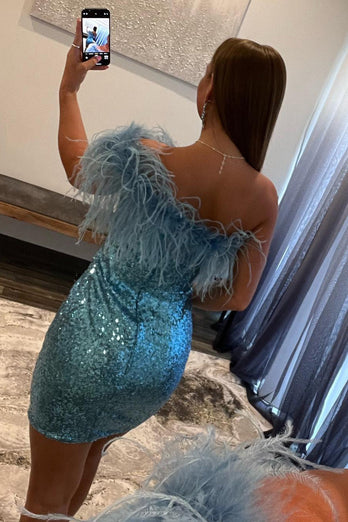 Sheath One Shoulder Light Blue Sequins Homecoming Dress with Feather