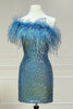 Load image into Gallery viewer, Sheath One Shoulder Light Blue Sequins Homecoming Dress with Feather