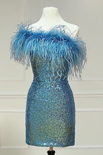 Sheath One Shoulder Light Blue Sequins Homecoming Dress with Feather