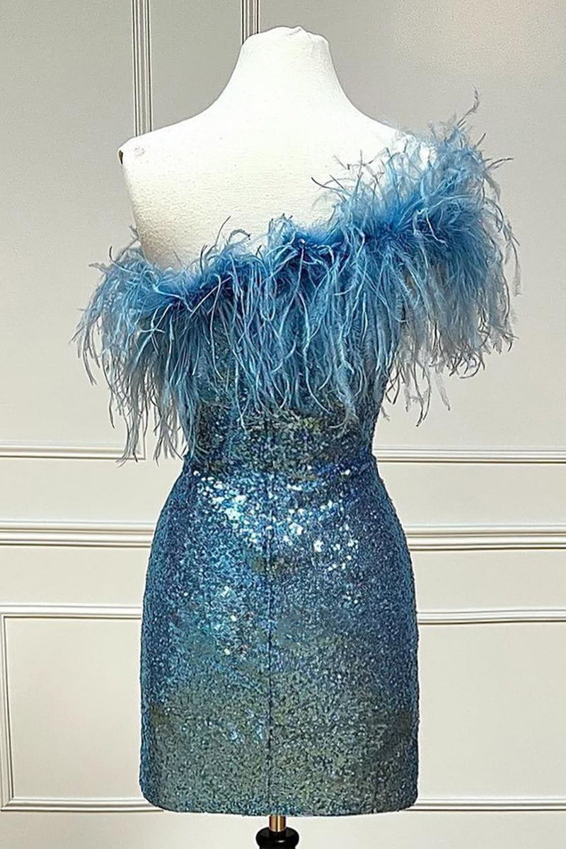 Load image into Gallery viewer, Sheath One Shoulder Light Blue Sequins Homecoming Dress with Feather