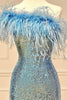 Load image into Gallery viewer, Sheath One Shoulder Light Blue Sequins Homecoming Dress with Feather