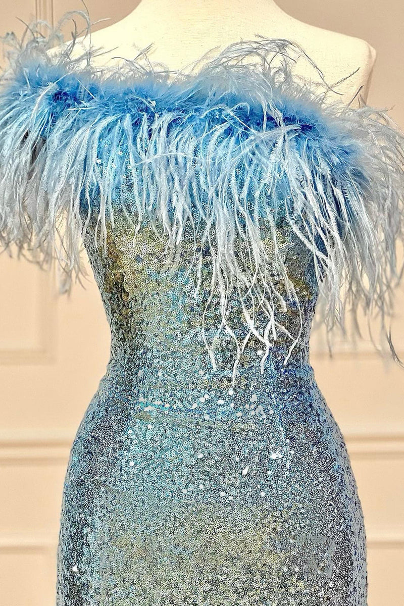 Load image into Gallery viewer, Sheath One Shoulder Light Blue Sequins Homecoming Dress with Feather