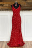 Load image into Gallery viewer, Sheath Spaghetti Straps Red Sequins Prom Dress with Split Front