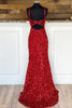 Load image into Gallery viewer, Sheath Spaghetti Straps Red Sequins Prom Dress with Split Front