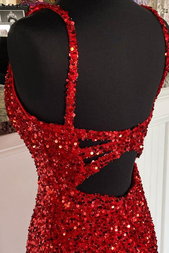 Sheath Spaghetti Straps Red Sequins Prom Dress with Split Front