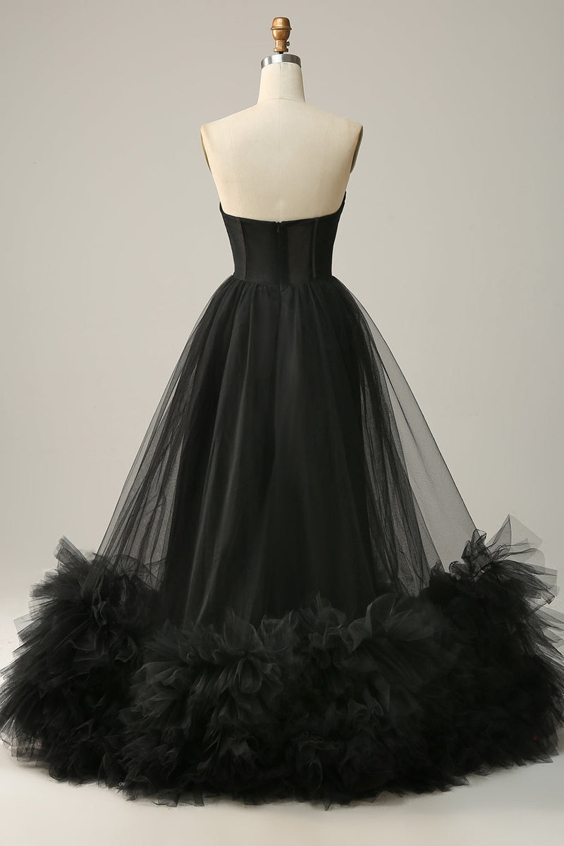 Load image into Gallery viewer, A Line Sweetheart Black Corset Prom Dress with Ruffled