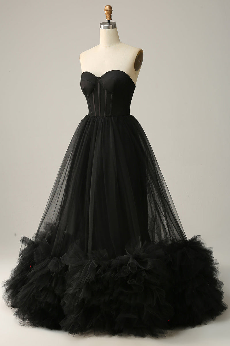 Load image into Gallery viewer, A Line Sweetheart Black Corset Prom Dress with Ruffled