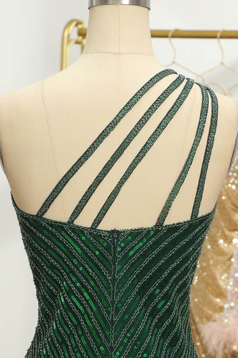 Load image into Gallery viewer, Glitter Dark Green One Shoulder Beaded Tight Homecoming Dress