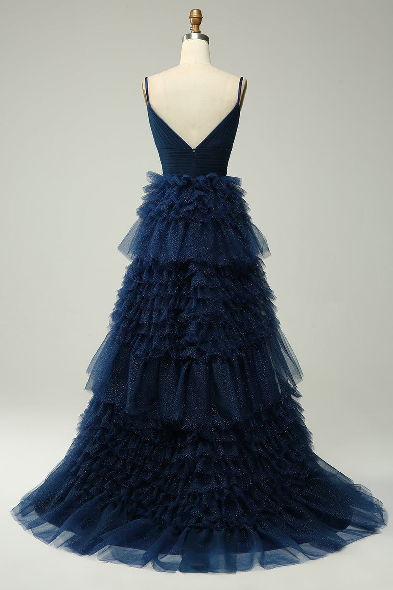 Load image into Gallery viewer, A Line Spaghetti Straps Navy Long Prom Dress with Ruffles