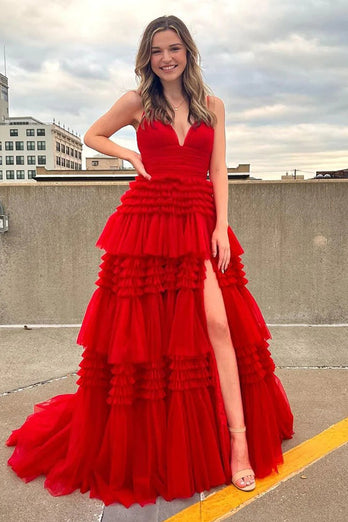 Red Tulle Spaghetti Straps Long Prom Dress