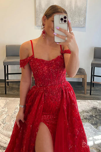 Red Tulle Off The Shoulder Prom Dress with Beading