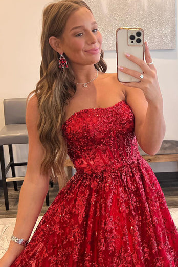 A Line Strapless Red Long Prom Dress